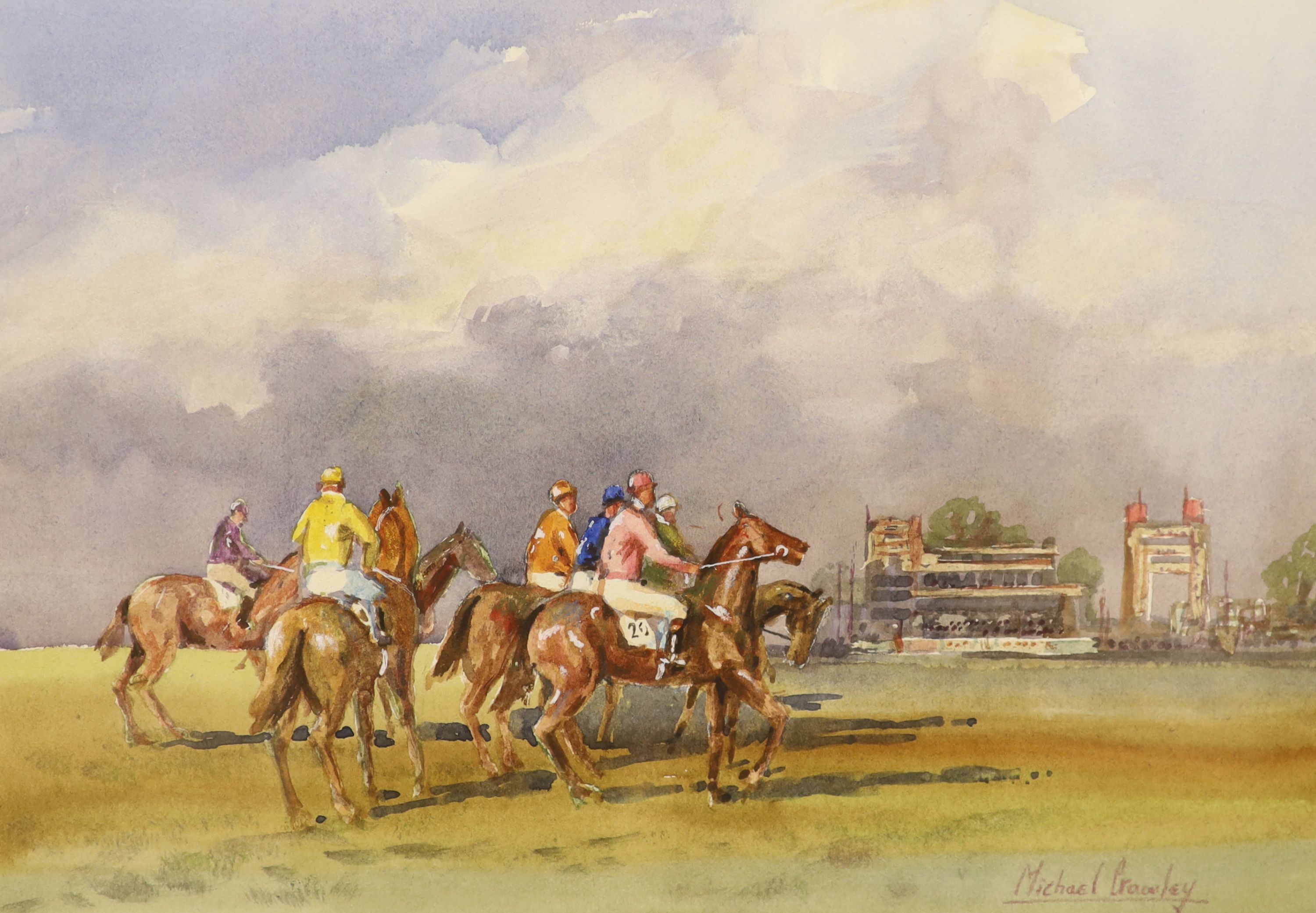 Michael Crawley, watercolour, The Line Up at Newmarket, signed, 27 x 38cm.